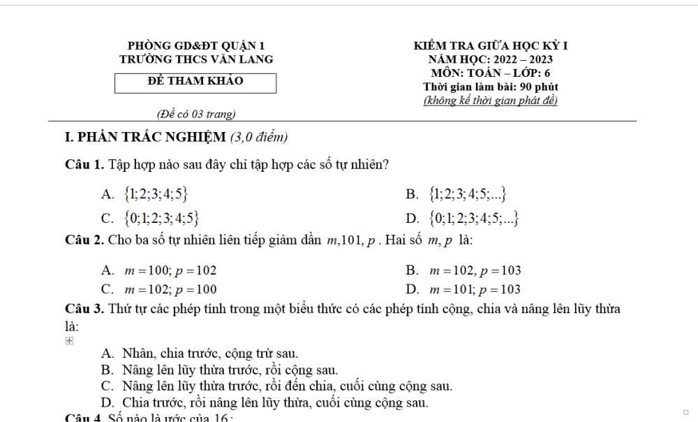 Toán 6: Đề kiểm tra giữa học kì 1. Trường THCS Văn Lang - Quận 1 năm học 2022-2023